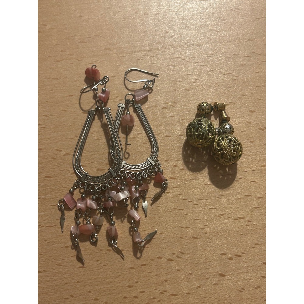 Bohemian Chandelier & Gold Filigree Orb Earring Set Pink Stone Silver Gold Tone